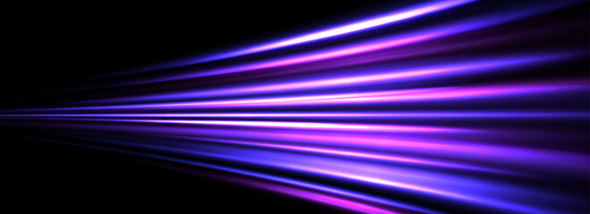 Neon glowing streak background. Blue purple speed light effect. Magic trail flare lines texture. Luminous laser beams and rays wallpaper design. Futuristic neon stripes backdrop. Vector