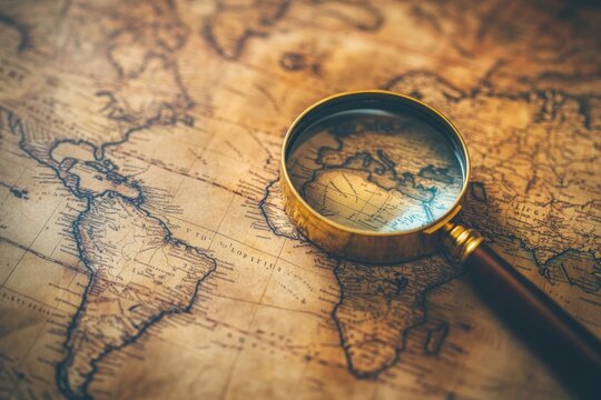 Old map with an magnifying glass, Journey concept.