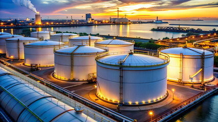 Large tanks storing petroleum products at oil terminal, Oil, Terminal, Storage, Tanks, Petrochemical, Refinery, Industrial