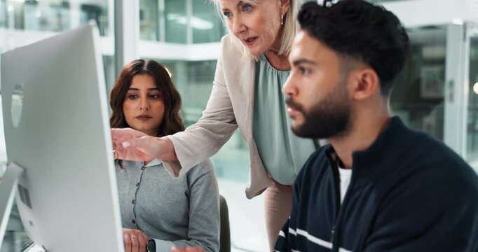 Professional, people and discussion on laptop in office for training, coaching and brainstorming ideas of project. Man, manager and digital to review finance report, support and advice of solution