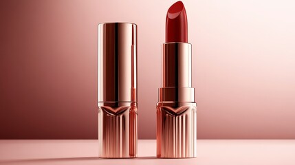 Elegant red lipstick with a shiny gold case on display