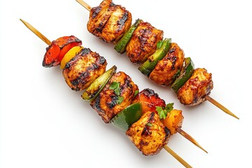 Grilled chicken skewer bar b q tikka with vegetable on wooden sticks isolated on white background top view