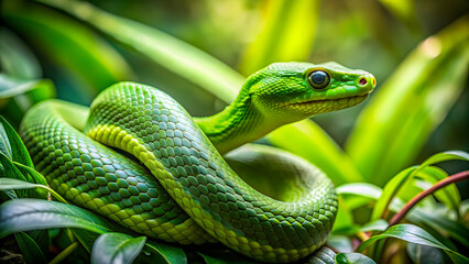 Fototapeta premium Green snake slithering through lush garden, green, snake, garden, nature, reptile, wildlife, serpentine, foliage
