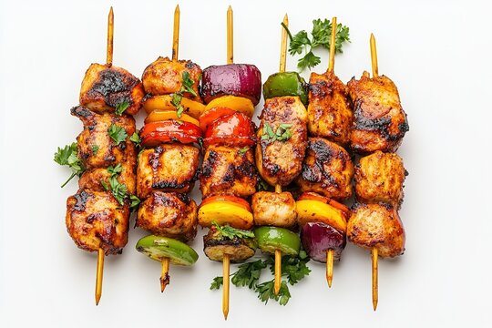 Grilled chicken skewer bar b q tikka with vegetable on wooden sticks isolated on white background top view