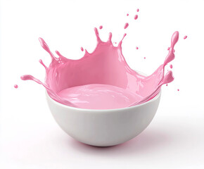 A bowl of pink milk splashing on top, white background