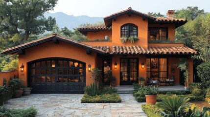 Obraz premium Cozy orange house with a tiled roof and lush garden.