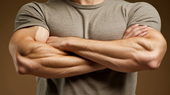 Close-up of muscular arms crossed in a casual shirt