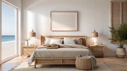 3d realistic Mockup frame in bedroom interior background, Coastal boho style, 3d render