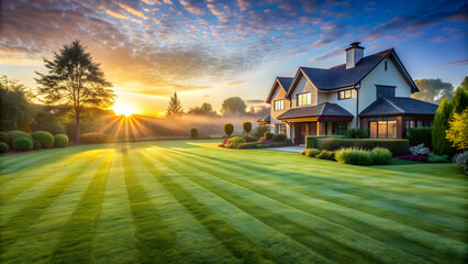 Sunrise over manicured country house backyard with dew-covered trimmed grass and spacious green lawn, Sunrise, backyard