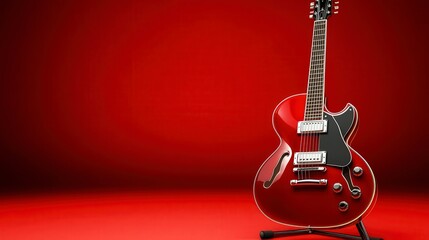 Red electric guitar on a vibrant red background with stand