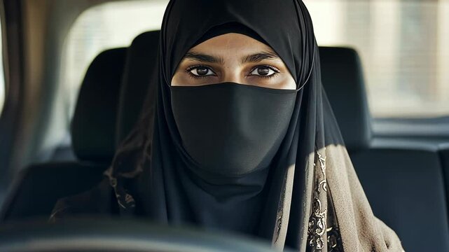 A woman wearing a niqab drives a car in a city