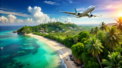 Naklejka premium Airplane gracefully descending towards a tropical resort with a beautiful sea beach and lush jungle below, airplane, landing