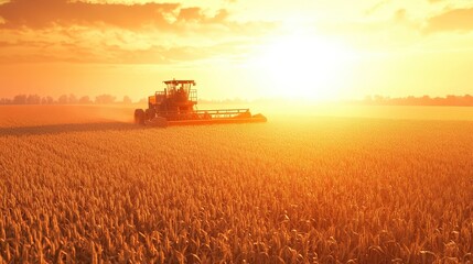 Fototapeta premium Combine harvester working in a golden wheat field at sunset
