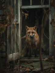 Fototapeta premium Red Fox Standing in Abandoned House Doorway Haunting Halloween Scene with Overgrown Vines and Decaying Wood Capturing the Eerie Silence and Mystery of Nature in a Forgotten Place