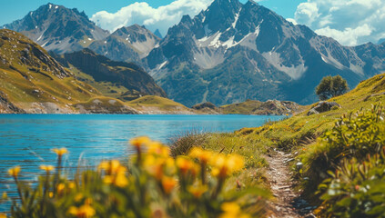 Alpine scene with clear blue lake surrounded by lush green meadows dotted with yellow wildflowers