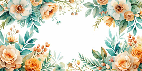 Watercolor floral elements set in teal, beige, and orange hues for wedding invitations and stationary, watercolor, floral, elements