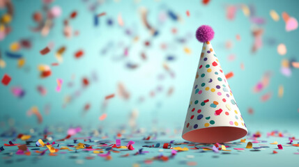 Vibrant party hat celebration, colorful confetti scattered, joyful atmosphere, bright background enhancing festive spirit.