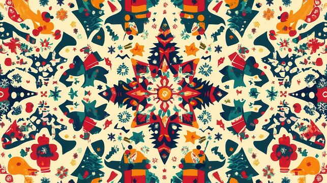 This intricate design showcases a rich blend of Christmas symbols, including trees, stars, gifts, and snowflakes in lively colors. Generative AI