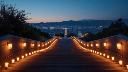 Illuminated Cityscape and Mountains at Dusk