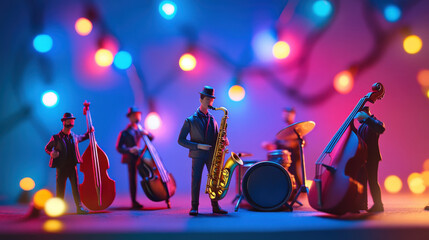Fototapeta premium miniature musician playing instrument with band a group of people in a concert hall