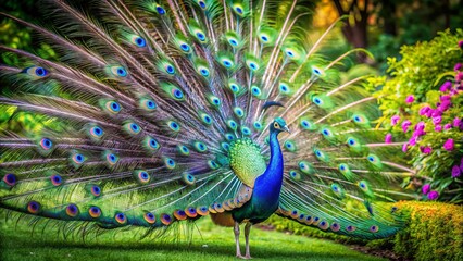 Obraz premium Elegant female peacocks showcase their shimmering feathers amidst a vibrant garden filled with lush greenery, creating