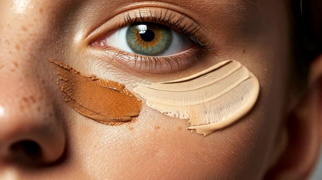 A close-up of a person's eye with two shades of concealer applied
