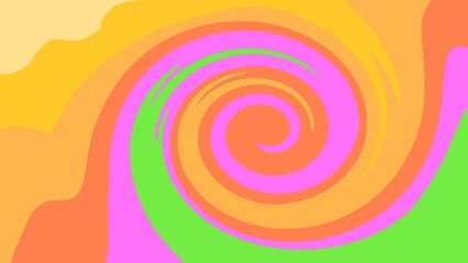 A vibrant, swirling abstract design featuring bold neon colors of pink, green, orange, and yellow in a dynamic spiral pattern.