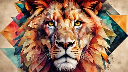 A collage of a lion’s face blended with geometric shapes, with one half realistic and the other side abstract and colorful – mixed media, high resolution, intricate textures.