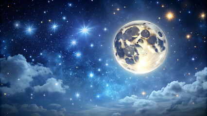 Naklejka premium Full moon shining in the night sky with stars, moon, sky, night, full, shining, stars, space, celestial, lunar