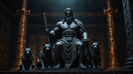 Fototapeta premium A stoic statue of Hades, the god of the underworld, standing beside a three-headed Cerberus, his dark robes carved with intricate details.