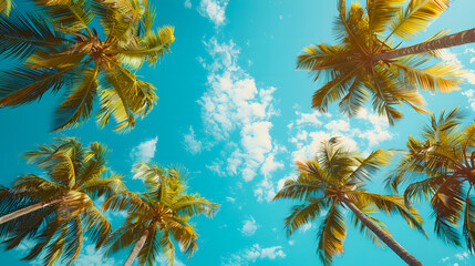 Low angle view, palm trees against the blue sky as a backdrop.