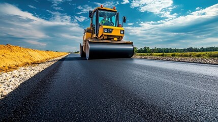 Yellow Road Roller Compacting Fresh Asphalt on a New Road