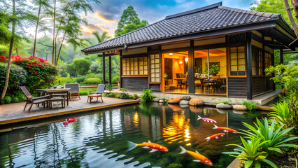 Obraz premium Garden house with coffee shop and koi pond, garden, house, coffee shop, koi pond, outdoor, relaxation, peaceful, tranquil