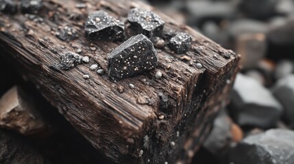 Black crystalline stones on weathered wooden log with scattered pebbles around