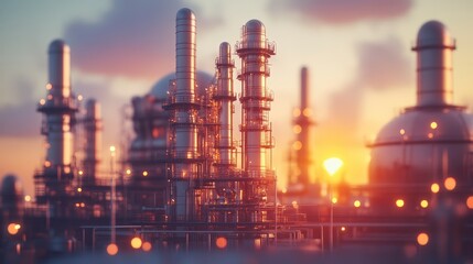 Obraz premium Industrial refinery towers against a colorful sunset sky