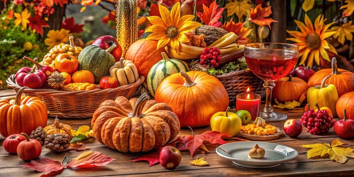Experience a joyous Thanksgiving harvest feast adorned with vibrant autumn leaves and charming pumpkins, capturing the - Powered by Adobe