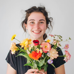 Fototapeta premium young woman is joyfully holding vibrant bouquet of flowers, showcasing variety of colors and types. Her bright smile radiates happiness and warmth, creating cheerful atmosphere