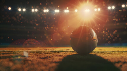 close up of soccer ball placed at center of field, illuminated by bright stadium lights, creating...