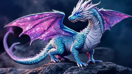 A blue and purple dragon stands on a rocky ledge, its wings spread wide