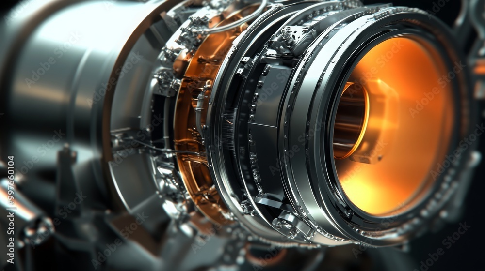 Poster This close-up features a complex turbine component, showcasing metallic gears and a glowing inner section, suggesting advanced technology and design precision in engineering.
