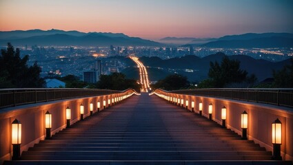 Illuminated Cityscape and Mountains at Dusk