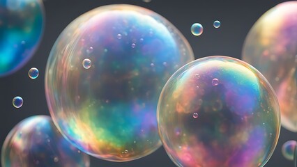 Close-up of iridescent soap bubbles, showing delicate rainbow colors and intricate light reflections 