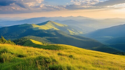 Fototapeta premium Majestic Mountain Ranges at Sunset with Lush Green Slopes
