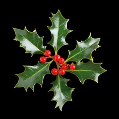 Fototapeta premium Sprig of Holly with Red Berries on a Black Background
