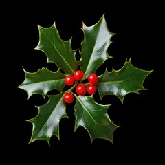 Sprig of Holly with Red Berries Against a Black Background