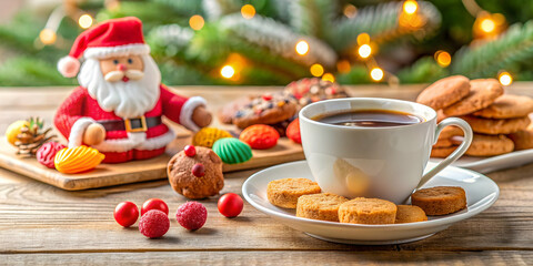 Fototapeta premium Festive breakfast set with a cup of coffee and traditional Sinterklaas sweets, Sinterklaas, St. Nicolas day, Dutch holiday