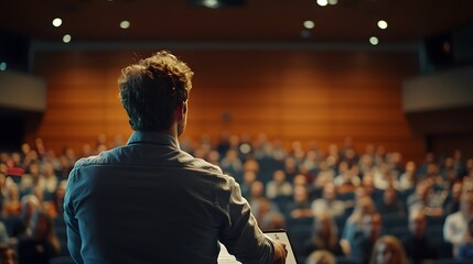 A Speaker Addressing a Large Audience in an Auditorium