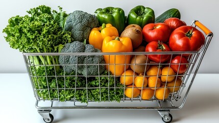 Stunning display of fresh vegetables and fruits in an open shopping cart on a white background, ample copy space, healthy eating or supermarket interior design concept, placeholder text 