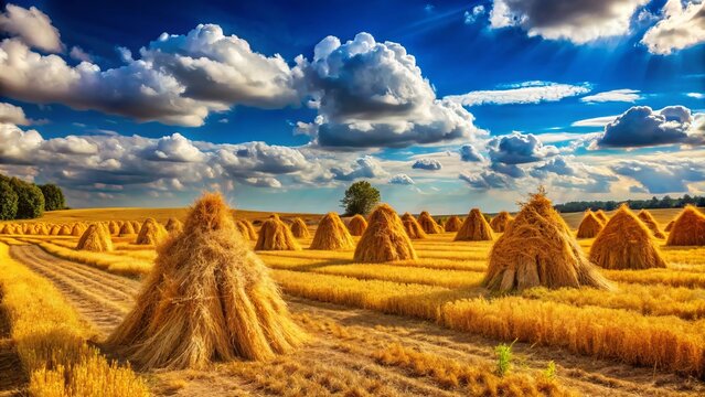 Golden harvest stooks rest peacefully in a tranquil rural landscape, beneath a bright blue sky adorned with soft,