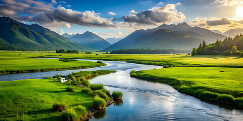Obraz premium Scenic view of lush green grass field with a river flowing through and mountains in the background, nature, landscape, green